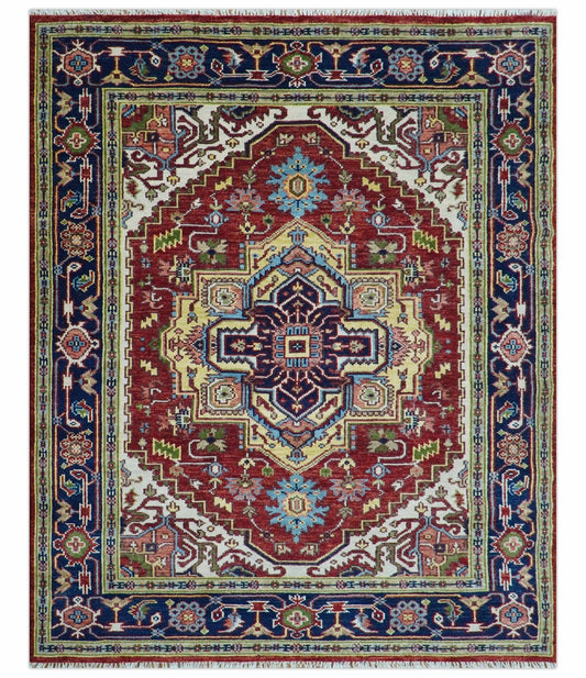 Custom Made Traditional Serapi Rust And Blue Hand Knotted wool area rug.