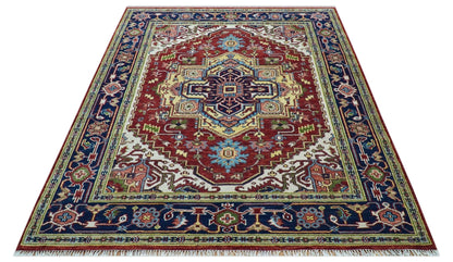 Custom Made Traditional Serapi Rust And Blue Hand Knotted wool area rug.