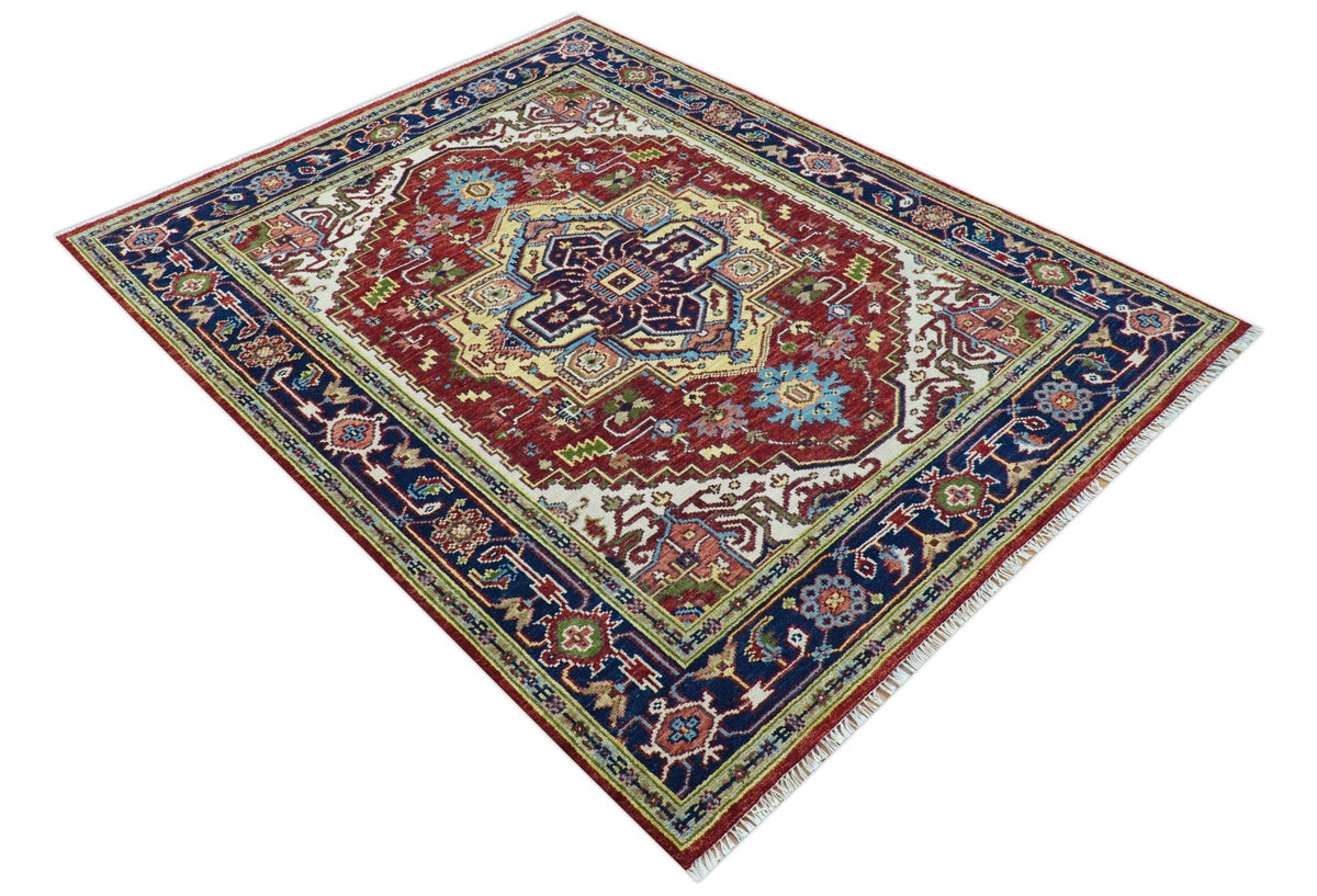 Custom Made Traditional Serapi Rust And Blue Hand Knotted wool area rug.
