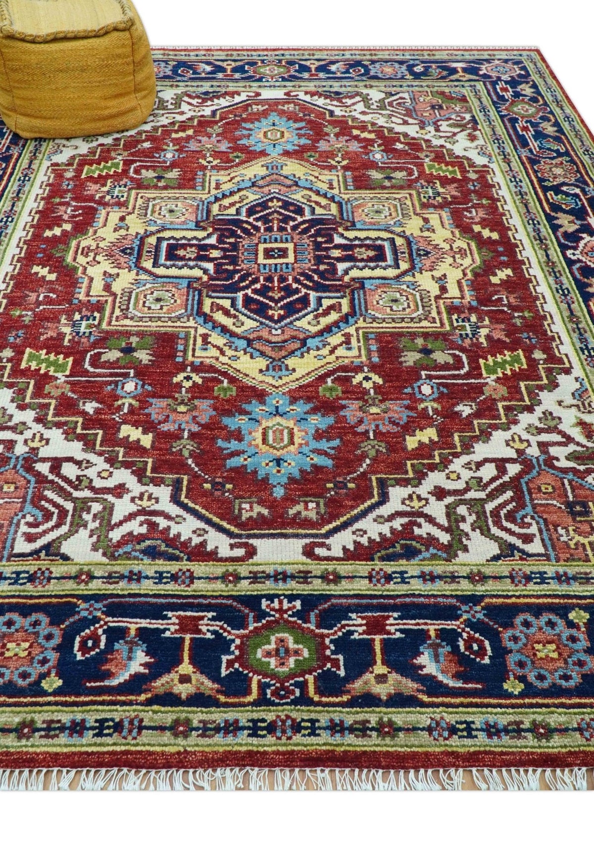 Custom Made Traditional Serapi Rust And Blue Hand Knotted wool area rug.