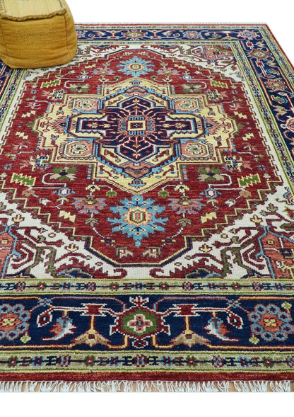Custom Made Traditional Serapi Rust And Blue Hand Knotted wool area rug.