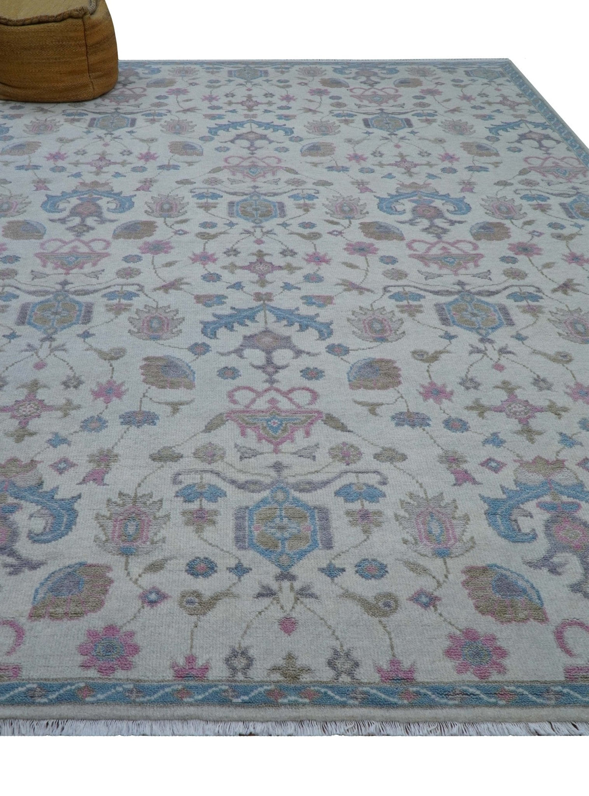 Custom Made Traditional Style Ivory And Blue Hand Knotted Wool Area Rug.