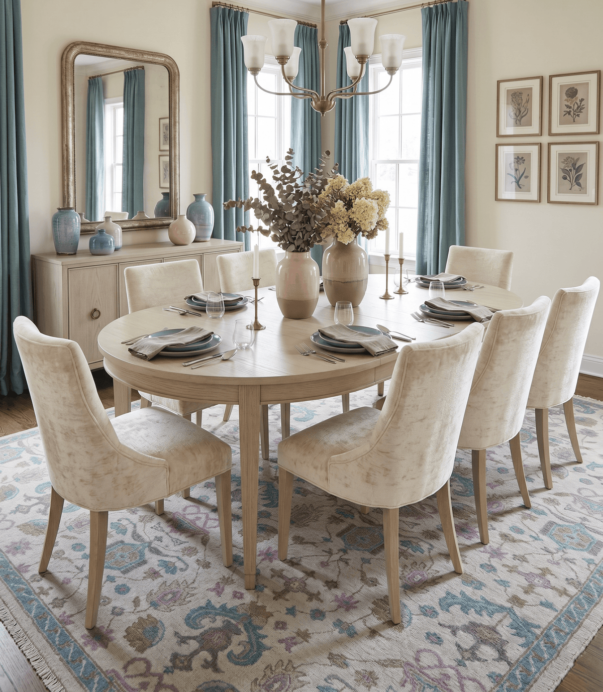 Custom Made Traditional Style Ivory And Blue Hand Knotted Wool Area Rug.