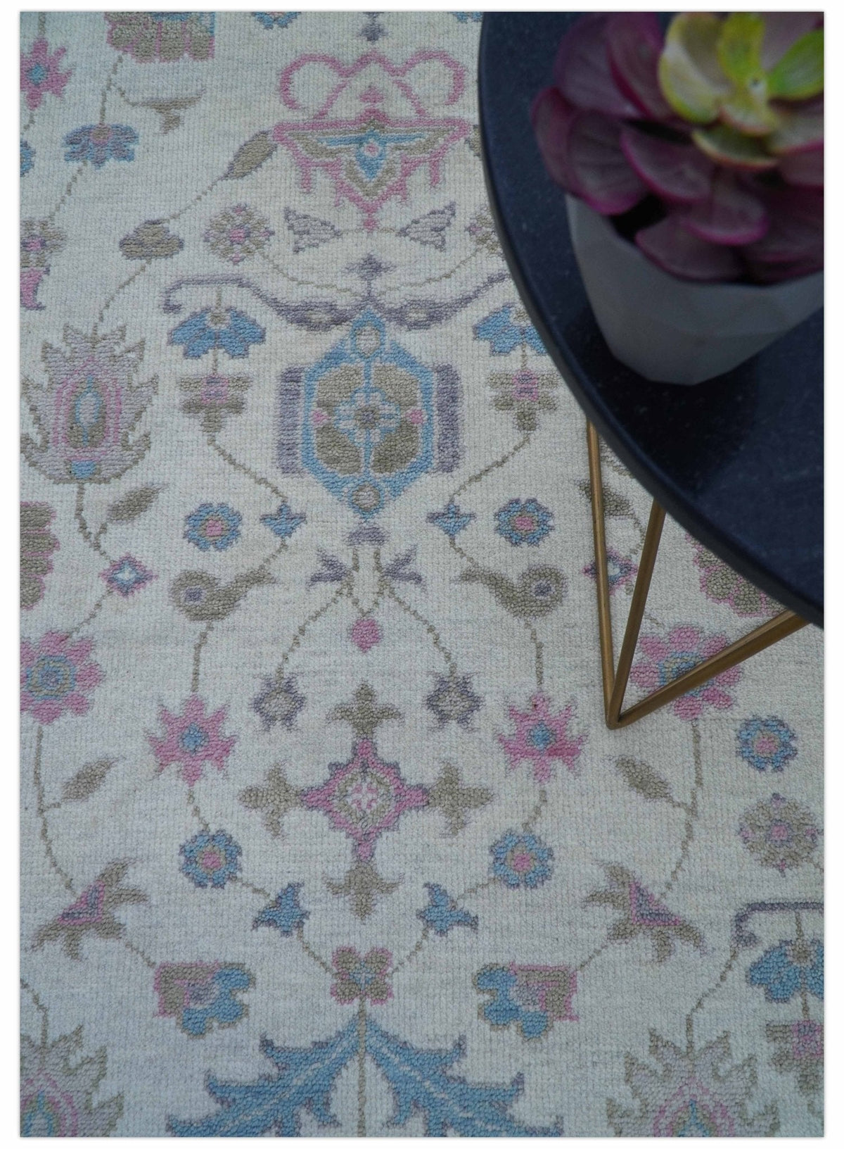 Custom Made Traditional Style Ivory And Blue Hand Knotted Wool Area Rug.