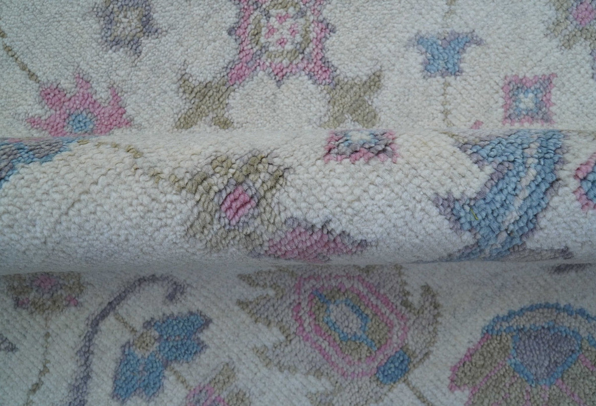 Custom Made Traditional Style Ivory And Blue Hand Knotted Wool Area Rug.