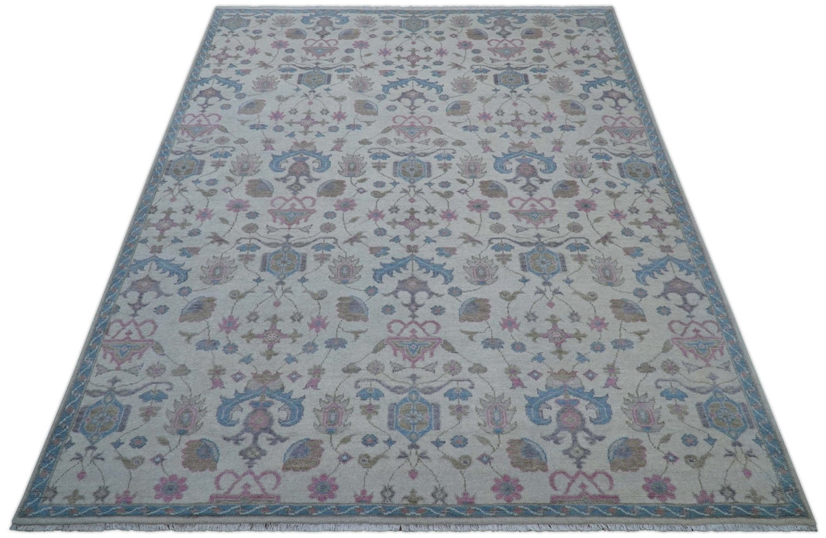 Custom Made Traditional Style Ivory And Blue Hand Knotted Wool Area Rug.