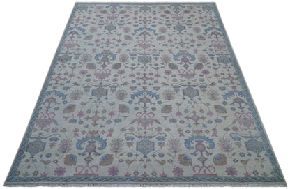 Custom Made Traditional Style Ivory And Blue Hand Knotted Wool Area Rug.