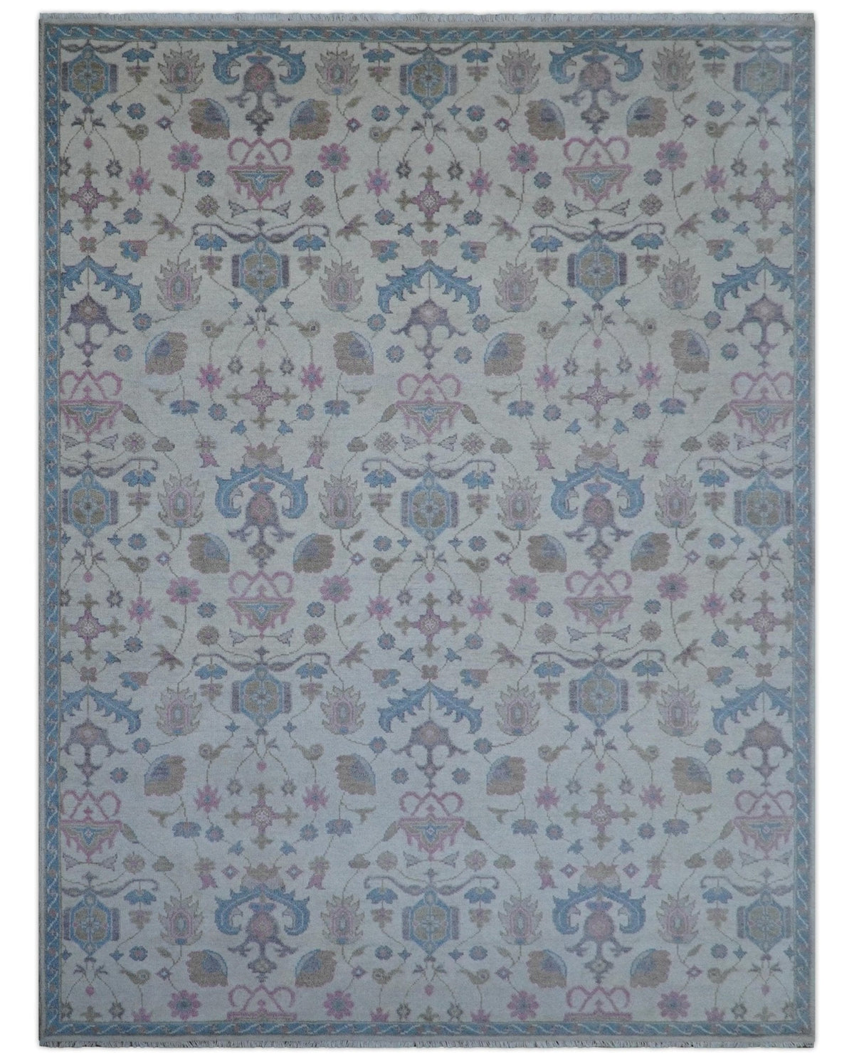 Custom Made Traditional Style Ivory And Blue Hand Knotted Wool Area Rug.