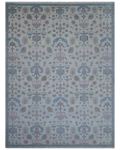 Custom Made Traditional Style Ivory And Blue Hand Knotted Wool Area Rug.