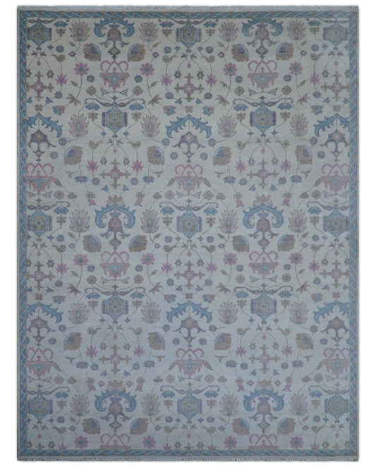 Custom Made Traditional Style Ivory And Blue Hand Knotted Wool Area Rug.