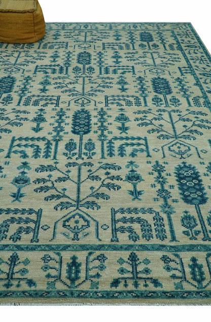 Custom Made Traditional Tree of Life Teal And Ivory Hand Knotted Wool Rug.