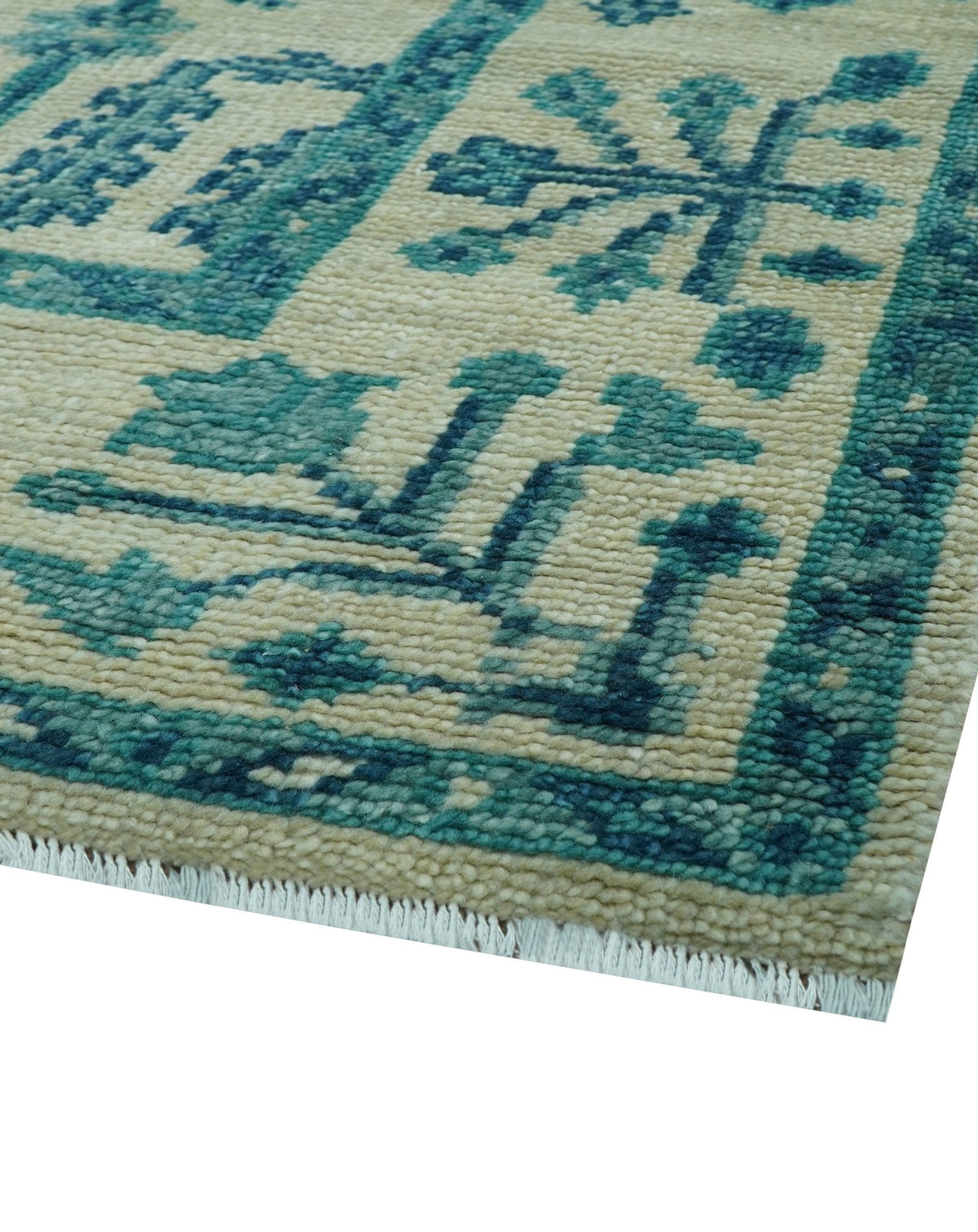 Custom Made Traditional Tree of Life Teal And Ivory Hand Knotted Wool Rug.