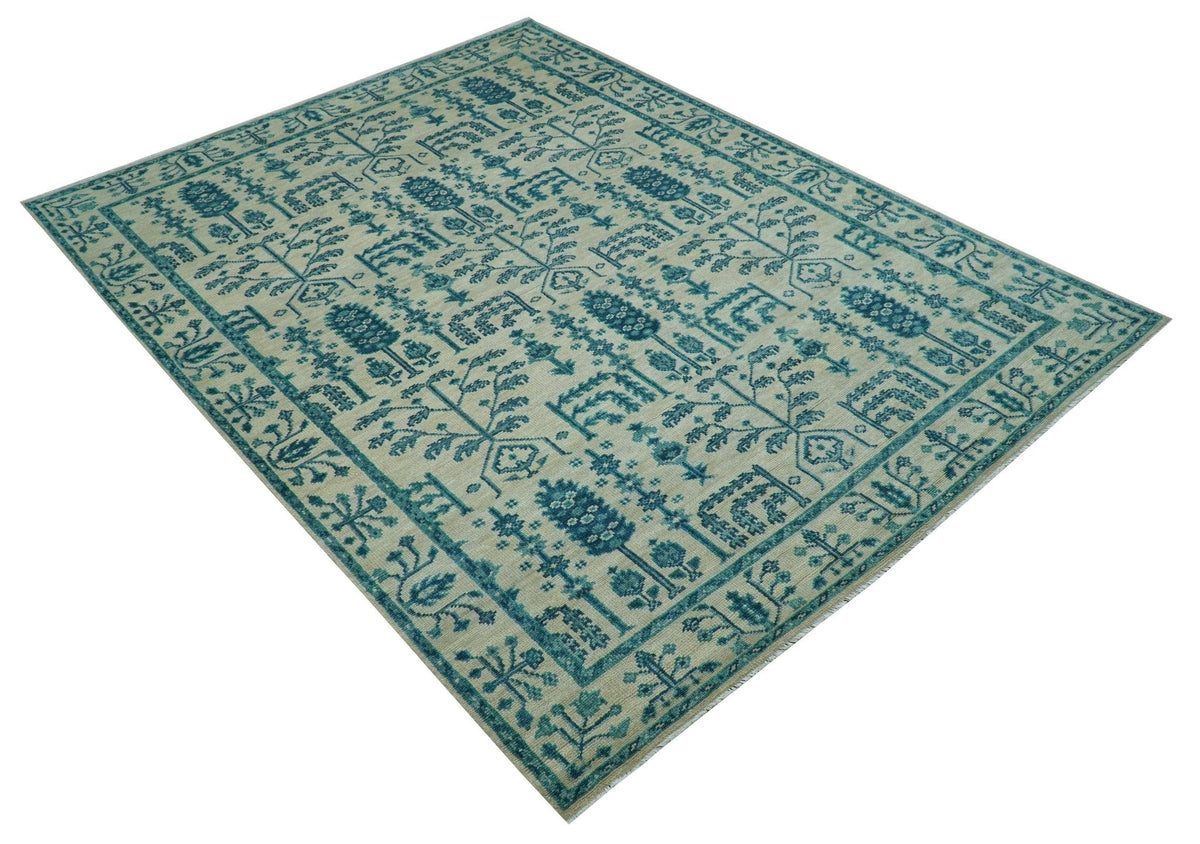 Custom Made Traditional Tree of Life Teal And Ivory Hand Knotted Wool Rug.