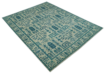 Custom Made Traditional Tree of Life Teal And Ivory Hand Knotted Wool Rug.