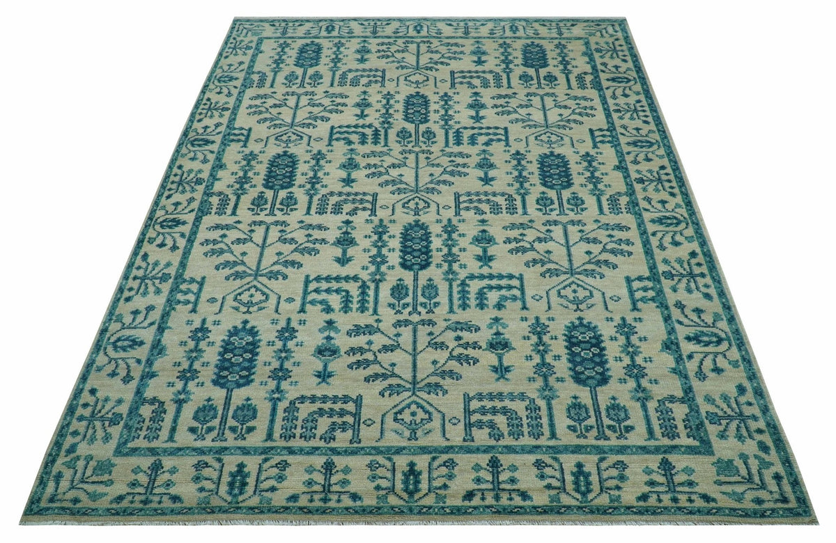Custom Made Traditional Tree of Life Teal And Ivory Hand Knotted Wool Rug.
