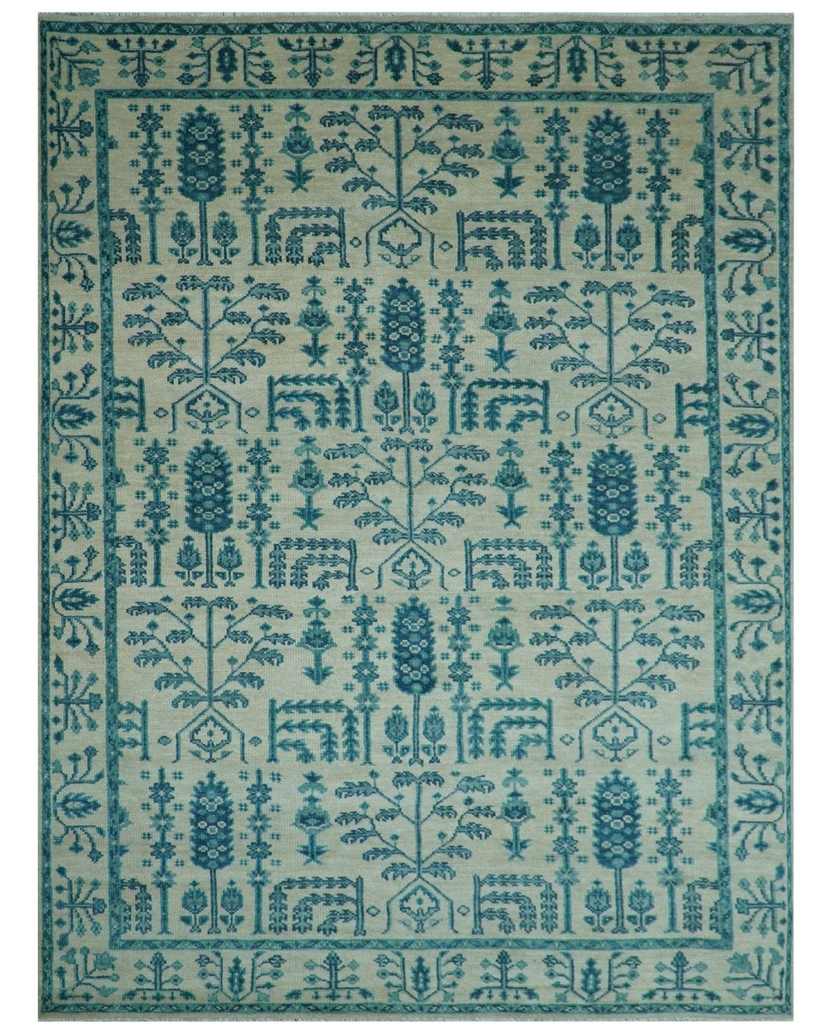 Custom Made Traditional Tree of Life Teal And Ivory Hand Knotted Wool Rug.