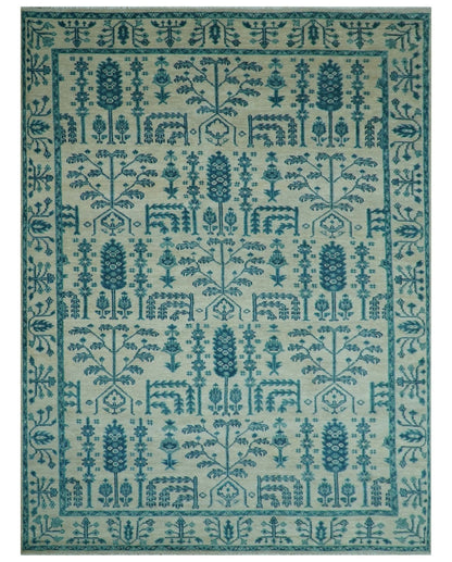 Custom Made Traditional Tree of Life Teal And Ivory Hand Knotted Wool Rug.