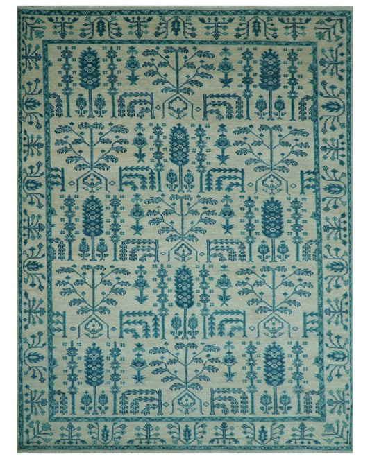 Custom Made Traditional Tree of Life Teal And Ivory Hand Knotted Wool Rug.