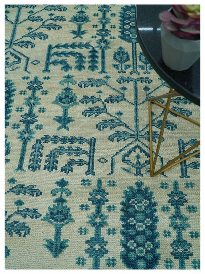 Custom Made Traditional Tree of Life Teal And Ivory Hand Knotted Wool Rug.