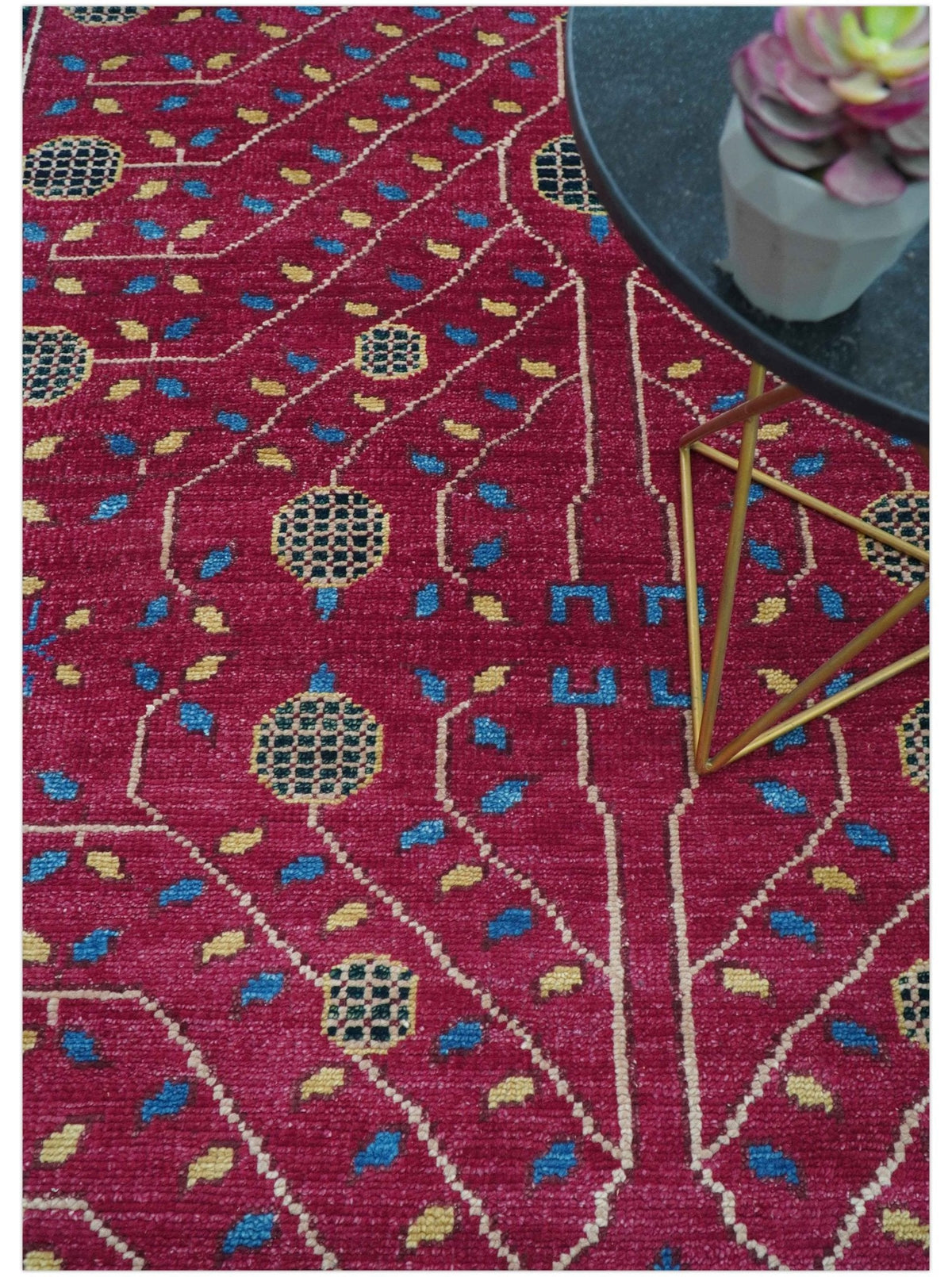 Custom Made Traditional Tribal Design Red And Blue Hand Knotted Wool Rug.