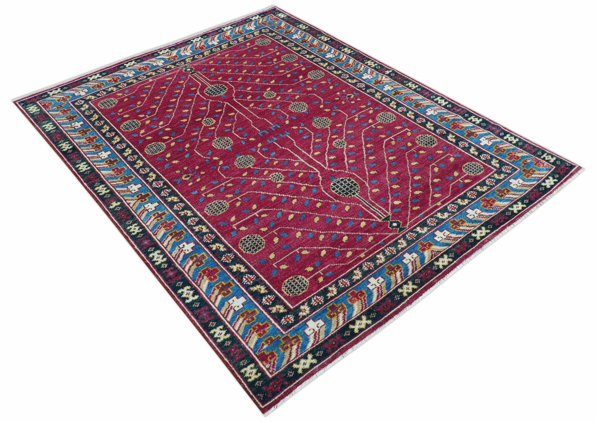 Custom Made Traditional Tribal Design Red And Blue Hand Knotted Wool Rug.