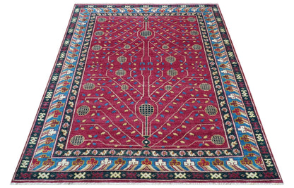 Custom Made Traditional Tribal Design Red And Blue Hand Knotted Wool Rug.