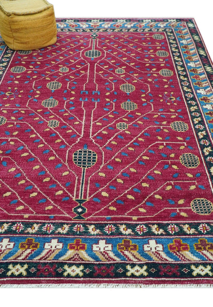 Custom Made Traditional Tribal Design Red And Blue Hand Knotted Wool Rug.