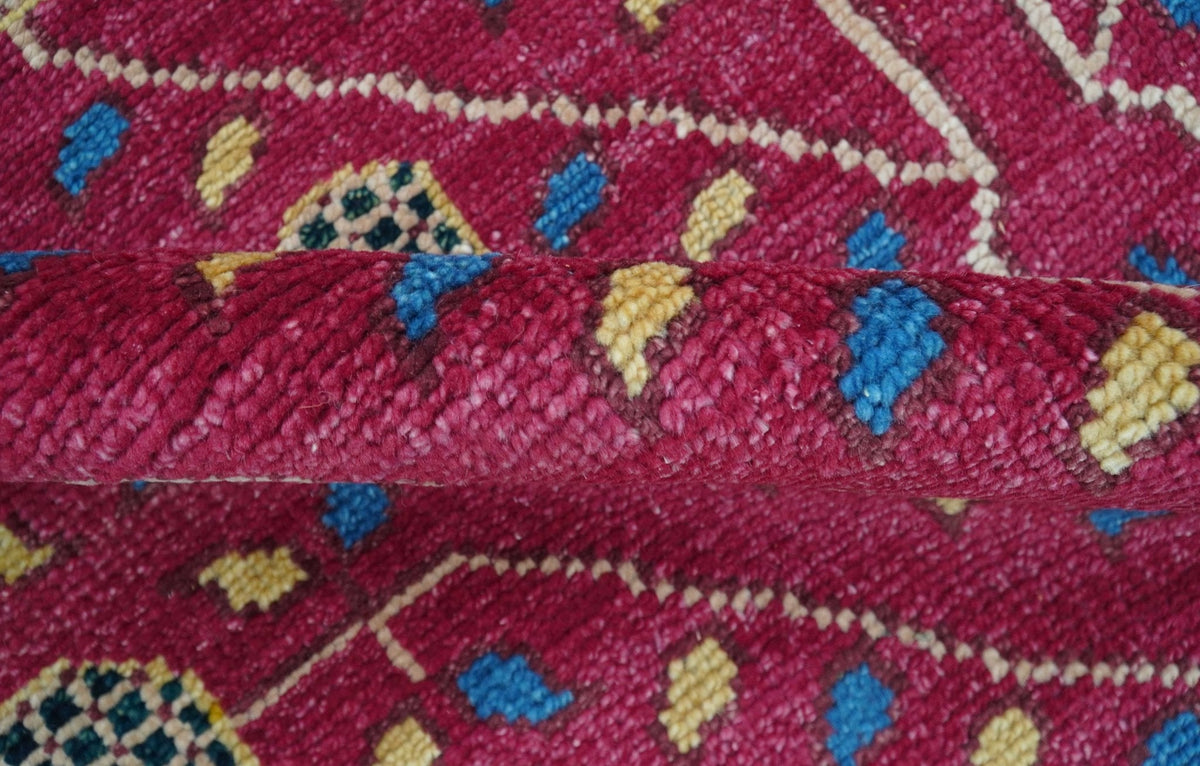 Custom Made Traditional Tribal Design Red And Blue Hand Knotted Wool Rug.