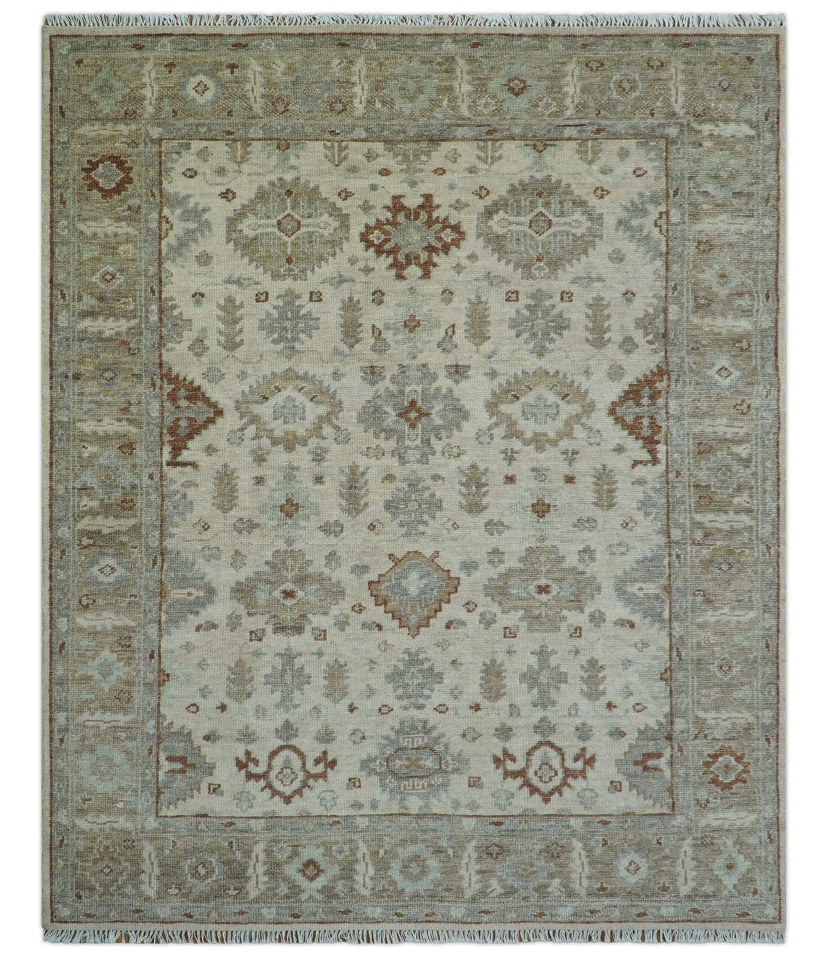 Custom Made Traditional Turkish Beige Hand knotted Wool Area Rug.