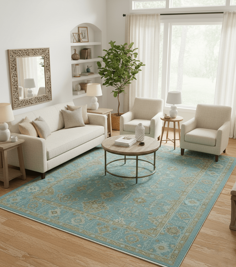 Custom Made Traditional Turkish Blue And Green Hand Knotted Wool Rug.