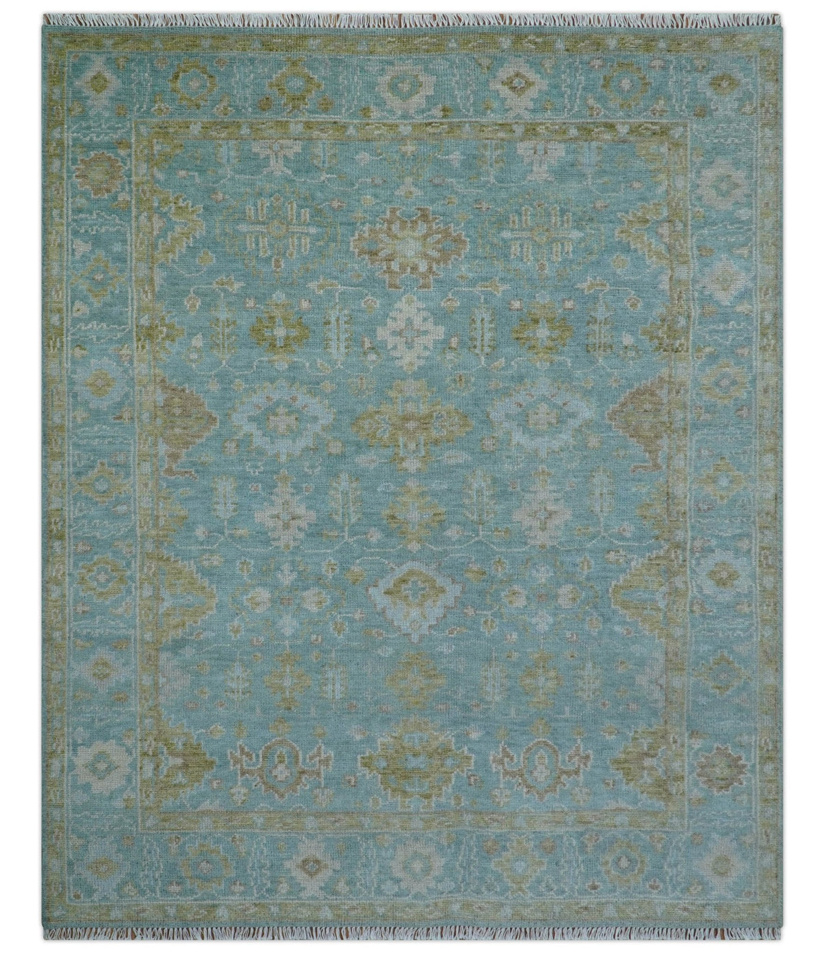 Custom Made Traditional Turkish Blue And Green Hand Knotted Wool Rug.
