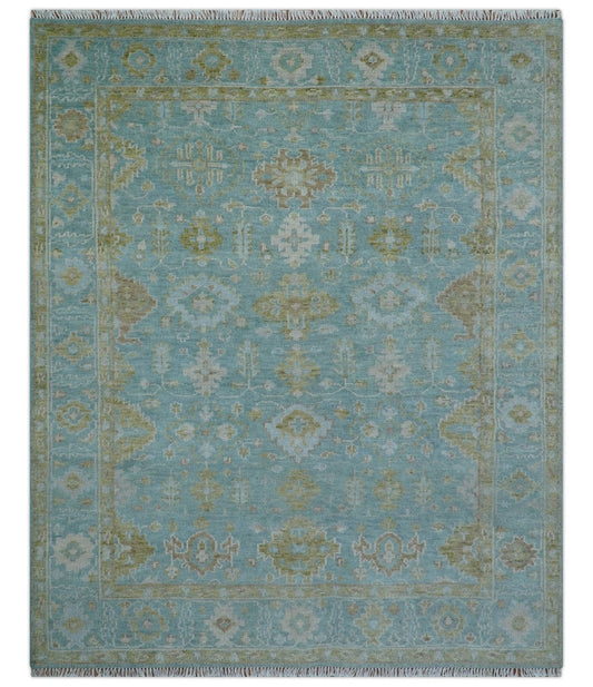 Custom Made Traditional Turkish Blue And Green Hand Knotted Wool Rug.