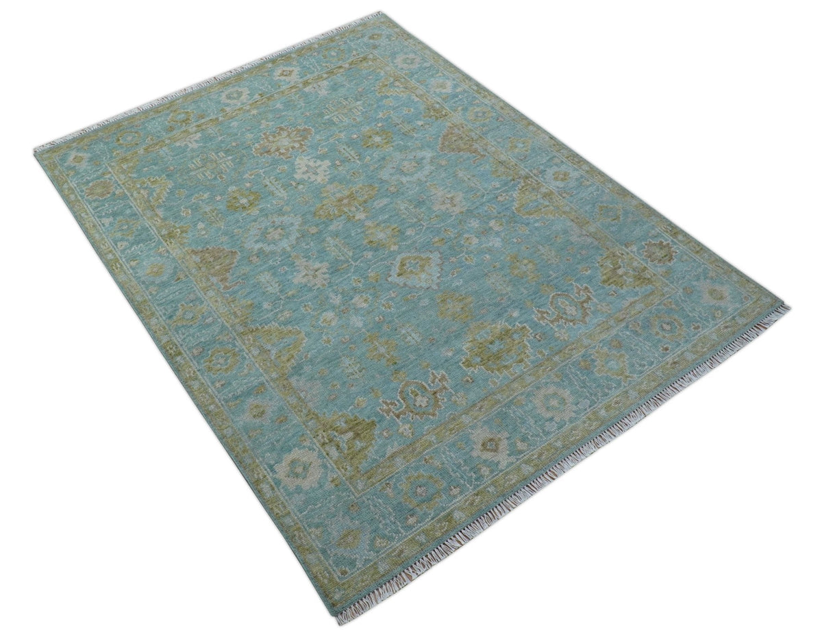 Custom Made Traditional Turkish Blue And Green Hand Knotted Wool Rug.