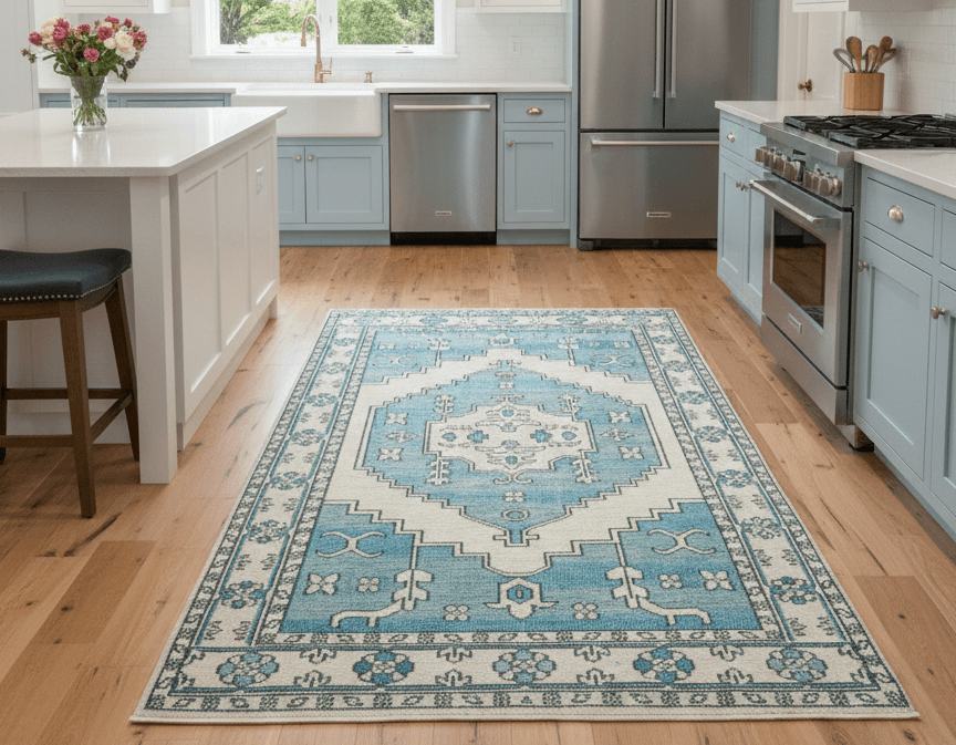 Custom Made Traditional Turkish Blue And Ivory Hand Knotted Wool Area Rug.