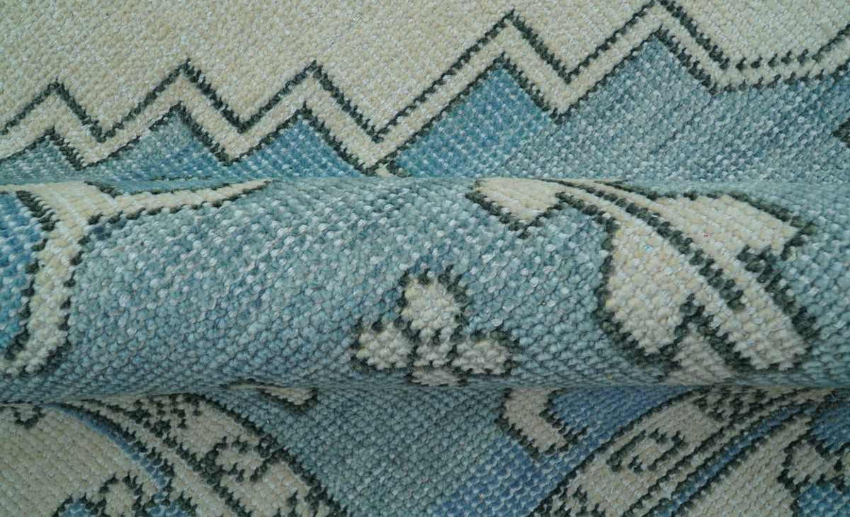 Custom Made Traditional Turkish Blue And Ivory Hand Knotted Wool Area Rug.