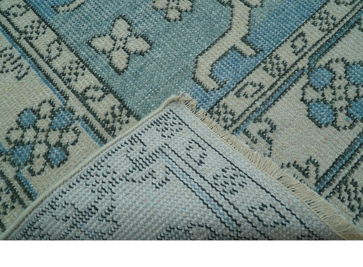 Custom Made Traditional Turkish Blue And Ivory Hand Knotted Wool Area Rug.