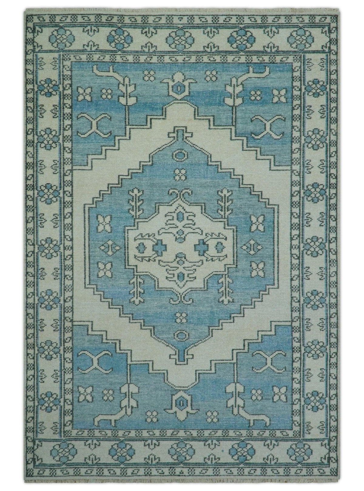 Custom Made Traditional Turkish Blue And Ivory Hand Knotted Wool Area Rug.