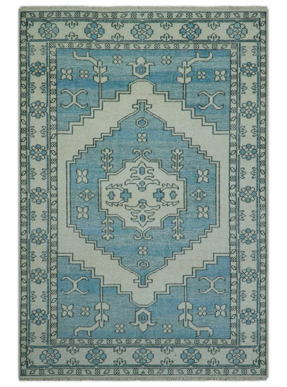 Custom Made Traditional Turkish Blue And Ivory Hand Knotted Wool Area Rug.