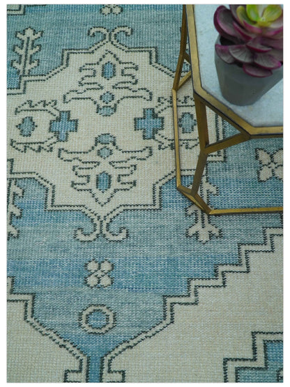 Custom Made Traditional Turkish Blue And Ivory Hand Knotted Wool Area Rug.