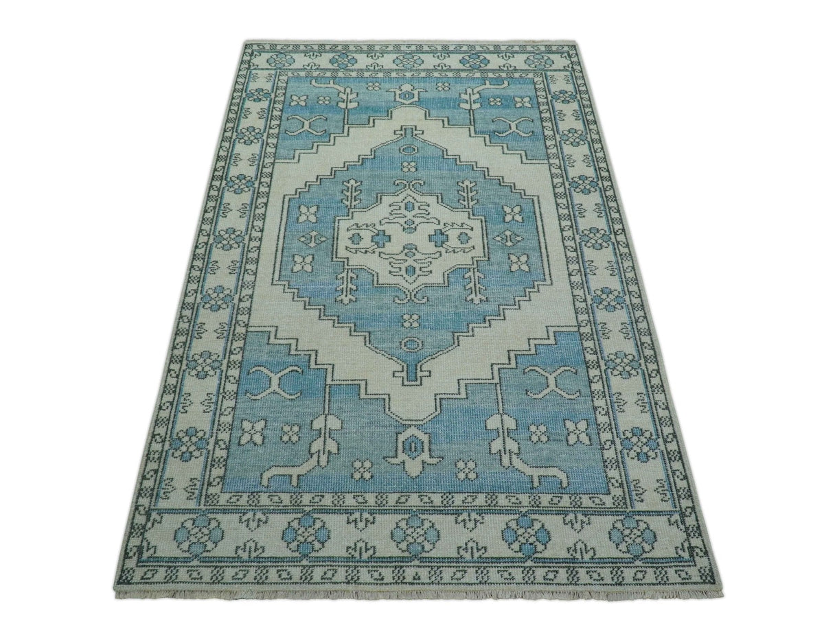 Custom Made Traditional Turkish Blue And Ivory Hand Knotted Wool Area Rug.