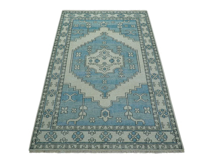 Custom Made Traditional Turkish Blue And Ivory Hand Knotted Wool Area Rug.