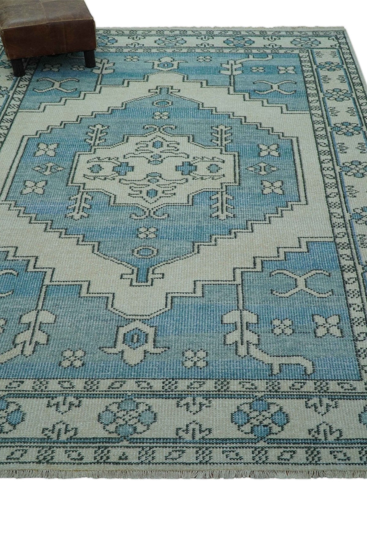 Custom Made Traditional Turkish Blue And Ivory Hand Knotted Wool Area Rug.