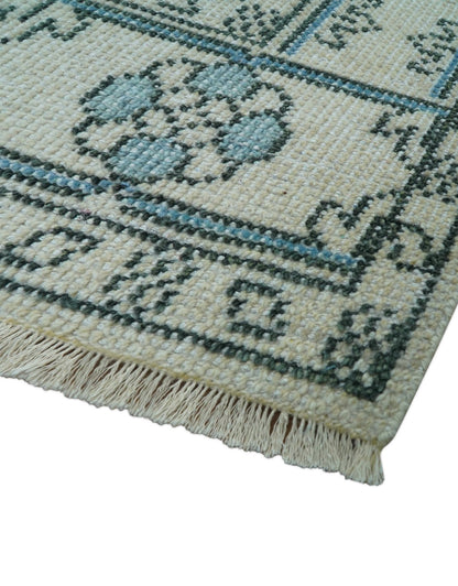 Custom Made Traditional Turkish Blue And Ivory Hand Knotted Wool Area Rug.