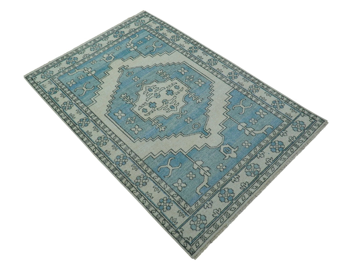 Custom Made Traditional Turkish Blue And Ivory Hand Knotted Wool Area Rug.