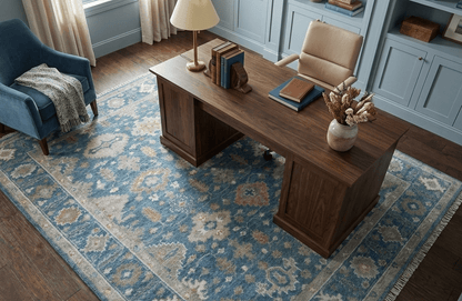 Custom Made Traditional Turkish Blue Hand knotted Wool Rug.