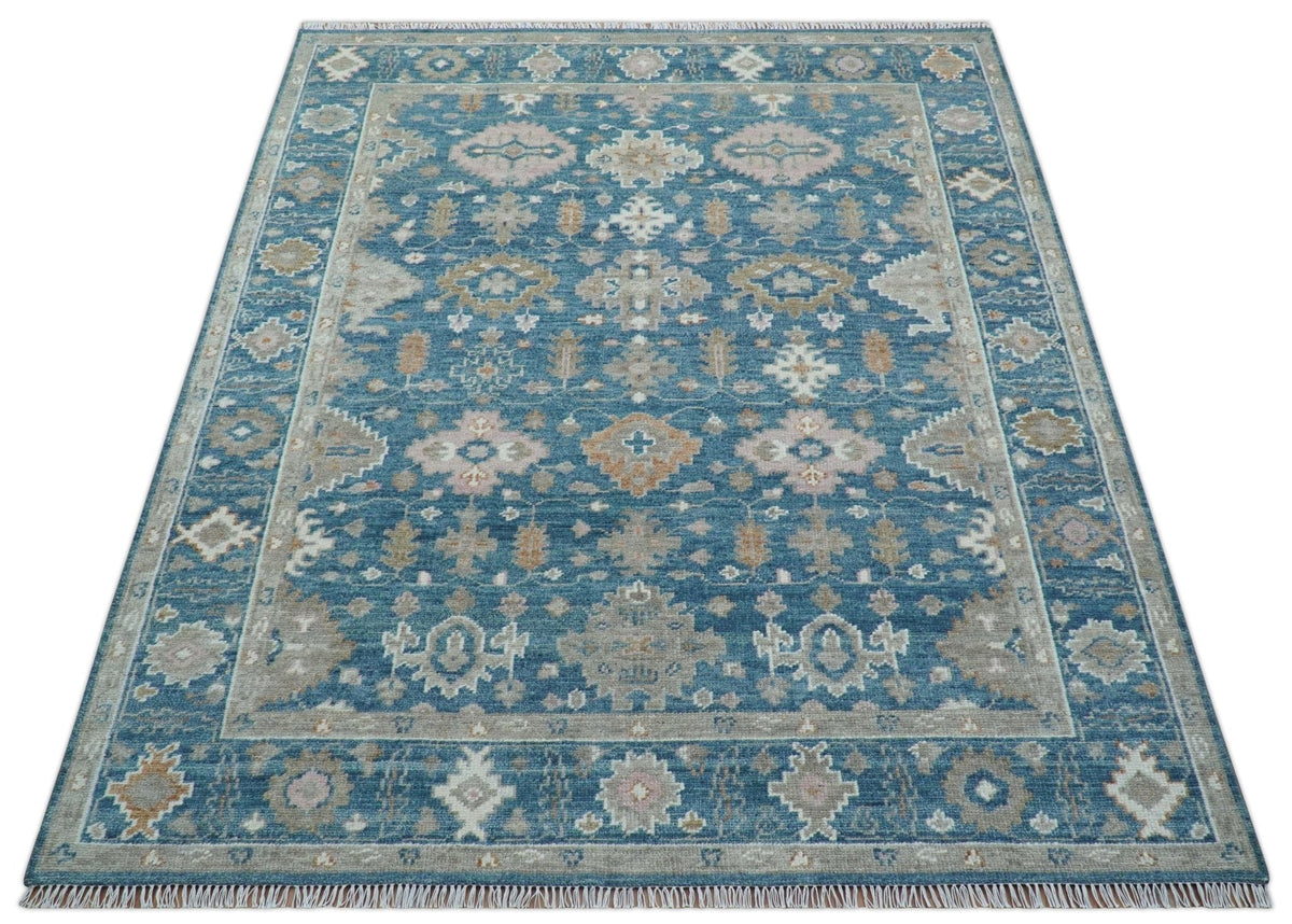 Custom Made Traditional Turkish Blue Hand knotted Wool Rug.