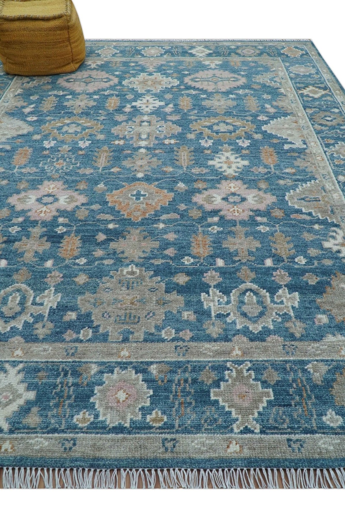 Custom Made Traditional Turkish Blue Hand knotted Wool Rug.