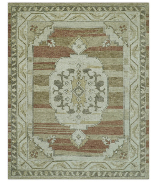 Custom Made Traditional Turkish Design Beige And Rust Hand knotted Wool Area Rug.