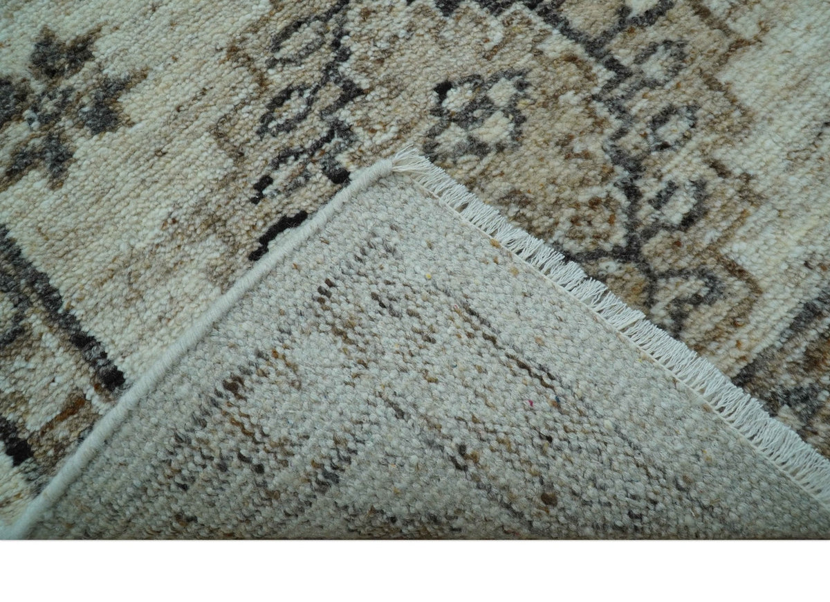 Custom Made Traditional Turkish Design Beige Hand Knotted Natural Wool Area Rug.