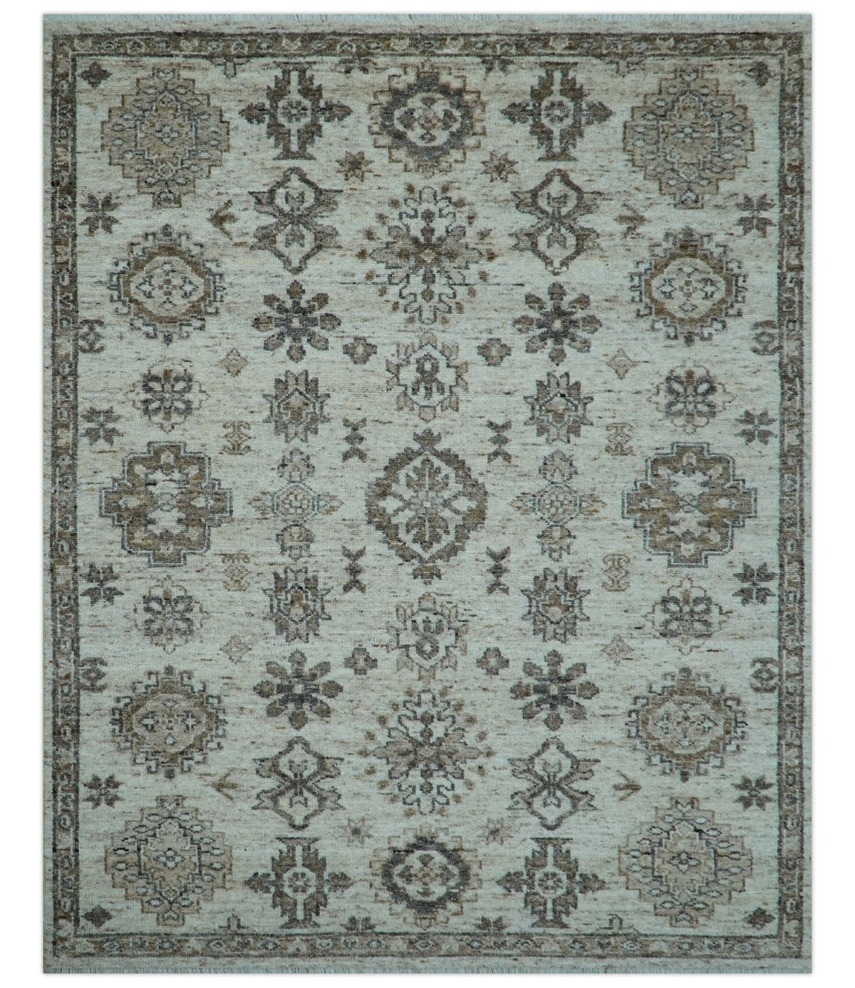 Custom Made Traditional Turkish Design Beige Hand Knotted Natural Wool Area Rug.